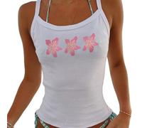 WangsCanis Women Y2k Floral Print Crop Cami Top Backless Hibiscus Flower Tank Top Graphic Spaghetti Strap Low Cut Camisole(White Background Pink Flower,Small)