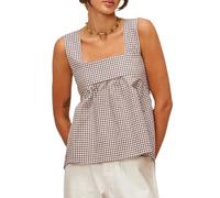 WangsCanis Women Y2k Gingham Tank Top Square Neck Peplum Cami Tank Bow Tie Sleeveless Backless Babydoll Shirt Summer (Light Brown, L)