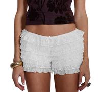 WangsCanis Women Y2K Lolita Bloomers Lace Ruffle Layered Pumpkin Shorts Frilly Boy Shorts Coquette Panties(White,Medium)