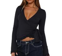 WangsCanis Women Y2k Long Sleeve Cross Wrap Top Deep V Neck Tie Side Ballet Shirts Lace Trim Slim Fit Yoga Workout Tops(Blue,Small)