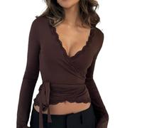 WangsCanis Women Y2k Long Sleeve Cross Wrap Top Deep V Neck Tie Side Ballet Shirts Lace Trim Slim Fit Yoga Workout Tops(Dark Brown,X-Large)