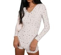 WangsCanis Women Y2k Long Sleeve Rompers Floral Print Jumpsuit Shorts Pajamas One Piece Bodycon Bodysuit Unitard Playsuit (Flowers Print Pink, S)