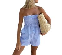 WangsCanis Women Y2k Shirred Shorts Set Summer 2 Piece Ruffle Pajama Set Smocked Tube Top Shorts Lounge Outfit(Blue,Small)