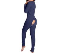 WangsCanis Women's Sexy Butt Button Back Flap Jumpsuit V Neck Long Sleeve Romper Bodycon Pajamas Christmas One Piece Sleepwear (Navy, M)