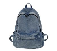 WANGSHUO school bag Washed Denim Casual Backpack Large-capacity Multi-pocket Daypack Vintage Rucksack For Travel Daily Gym Use-retro Blue
