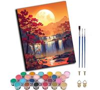 WANGWANGMIAO Paint by Numbers for Adults Autumn Moon Waterfall,Painting by Numbers for Adult Canvas Crafts Kits, DIY Oil Paints for Relax and De-Stress Home Decoration Gift 16x20inch,Without Frame