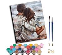 WANGWANGMIAO Paint by Numbers for Adults Beach Couple Back View,16x20 Inch Linen Canvas Acrylic DIY Number Painting Kits Hand Painted Oil Painting Wall Art Decor Gifts,Without Frame