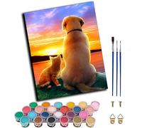 WANGWANGMIAO Paint by Numbers Kits 40x50 cm Sunset Happiness Pet Cat and DogCanvas DIY Acrylic Painting for Adults with Paints Brushes and Card Sized Magnifier,with Frame