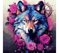 WANGXIAO DIY Hand Oil Painting,Paint by Numbers Kits for Adults Beginner,for Home Living Room Bedroom Decor,16X16Inch，Colorful Pruple Wolf Rose，Steam Punk,with Frame