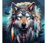 WANGXIAO DIY Paint by Number for Adults Beginner,with Paintbrushes and Acrylic Painting Kits Art Crafts for Home Walls 16 X16Inch,Wolf Chief Magic Circle Indian Style,Frameless