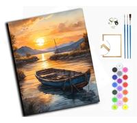 WANGXIAO DIY Painting by Numbers Kits for Adults Beginner,40x50cm，Oil Painting for Home Wall Decoration Hand Painted Gifts,Lonely Boat Under The Golden Sunset,with Frame