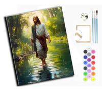 WANGXIAO Oil Paint by Numbers Kits for Adults Beginners,On Clear Symbols Colored Canvas,Easy DIY Acrylic Pigment Drawing kit,16x20in,Stream Jesus,with Frame