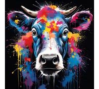 WANGXIAO Oil Paint by Numbers Kits for Adults Beginners,On Clear Symbols Colored Canvas,Easy DIY Acrylic Pigment Drawing Kit,16X16In,Graffiti Colorful Animal Cow Portrait,Frameless