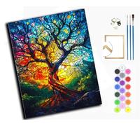 WANGXIAO Oil Paint by Numbers Kits for Adults Beginners,On Clear Symbols Colored Canvas,Easy DIY Acrylic Pigment Drawing kit,16x20in,Tree of Life Sunset,with Frame