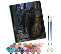 WANGXIAO Paint by Number for Adults,DIY Oil Painting Kits with Brushes and Acrylic Pigment,Canvas Painting Decor Gifts，16 x 20 inch，Midnight Black Cat Magic Broom,Frameless
