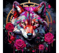 WANGXIAO Paint by Numbers for Adults,DIY Oil Painting Gift Kits 16 * 16 Inch Hand Painted Digital Painting Art Home Decoration -Colorful Red Wolf Rose，Steam Punk,with Frame