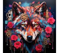 WANGXIAO Paint by Numbers for Adults,DIY Oil Painting Gift Kits,16 * 16 Inch,Hand Painted Digital Painting Art Home Decoration,Colorful Red Wolf Rose，Steam Punk,with Frame