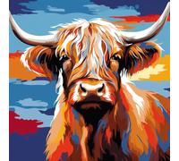 WANGXIAO Paint by Numbers for Adults,DIY Oil Painting Gift Kits 16 * 16 Inch Hand Painted Digital Painting Art Home Decoration -Colorful Graffiti Highland Cow,with Frame