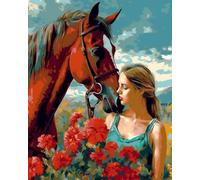 WANGXIAO Paint by Numbers for Adults,DIY Oil Painting Gift Kits 16 * 20 inch Hand Painted Digital Painting Art Home Decoration -Girl and Black Horse Roses,Frameless