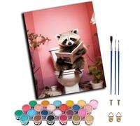 WANGXIAO Paint by Numbers for Adults,DIY Oil Painting Kit,16x20 inch，Hand Drawn Gifts,Pink Raccoon Toilet Reading Newspaper,Frameless