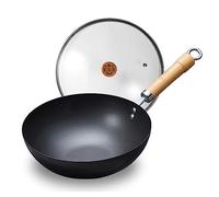 WANGYUANJI 28 cm Iron Wok with Glass Lid - Flat-Bottom, Uncoated, Induction Hob Compatible Chinese Stir-Fry Pan (Single Handle) for Gas, Electric & Ceramic Hobs