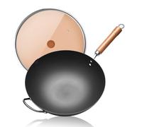 WANGYUANJI 34 cm Iron Wok with Glass Lid - Flat-Bottom, Uncoated, Induction Hob Compatible Chinese Stir-Fry Pan for Gas, Electric & Ceramic Hobs