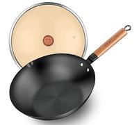 WANGYUANJI Iron Wok, 28cm Frying Pan with Lid, No Chemical Coating 11.1" Deep Stir Fry Pan with Flat Bottom