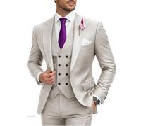 Wangyue 3 Piece Suit Slim Fit Double Breasted Mens Suits for Wedding Party Formal Prom One Button Blazer Vest Pants Sets, Beige, M