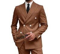 Wangyue Men's Pinstripe Suit Slim Fit 2 Pieces Double-Breasted Blazer Pant for Wedding Business, Brown, 50