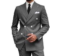 Wangyue Men's Pinstripe Suit Slim Fit 2 Pieces Double-Breasted Blazer Pant for Wedding Business, Grey, M