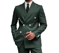 Wangyue Men's Pinstripe Suit Slim Fit 2 Pieces Double-Breasted Blazer Pant for Wedding Business, Hunt Green, XXL