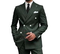 Wangyue Men's Pinstripe Suit Slim Fit 2 Pieces Double-Breasted Blazer Pant for Wedding Business, Hunt Green, XXL