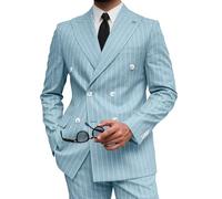Wangyue Men's Pinstripe Suit Slim Fit 2 Pieces Double-Breasted Blazer Pant for Wedding Business, Sky Blue, XL