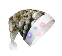 Wangyufen Unique Pearls Starfish Seashell Theme Print Christmas Hat with LED Festive Headwear for Women and Men Christmas Décor