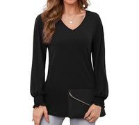 WANGZHI Womens Casual Loose Tunic Tops Lantern Sleeve blouses V Neck Shirts black blouse puff sleeve top black long sleeve top women kurtis for women ladies tops size 8 uk