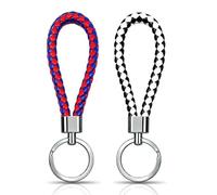 Wanheart 2 Pcs Key Rings,Leather Key Ring Fobs Holder for Women and Men,Car Keychain Rings,Personalised Car Keyrings Clips,Keyring Black and White, Red and Blue