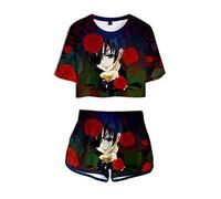 WANHONGYUE Anime Black Butler 3D Printed T-Shirt Crop Top and Shorts Summer Two Piece Outfit Set for Women Girls 1014/10 L