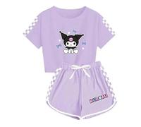 WANHONGYUE Anime Crop Top T Shirt and Shorts Set Petite Women's 2 Piece Short Sleeve Outfits Girls Summer Active Tracksuit, Light Purple, XS