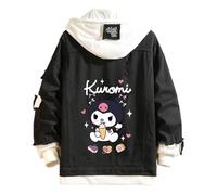 WANHONGYUE Anime Hoodie Denim Jacket Women's Ripped Long Sleeve Jean Trucker Jackets Girls Cartoon Button Down Hooded Sweatshirt Coat, Black-2, M