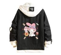 WANHONGYUE Anime Hoodie Denim Jacket Women's Ripped Long Sleeve Jean Trucker Jackets Girls Cartoon Button Down Hooded Sweatshirt Coat Black-5 4XL