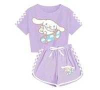 WANHONGYUE Kawaii Cartoon Crop Top T Shirt and Shorts Set Petite Women's 2 Piece Short Sleeve Outfits Girls Summer Active Tracksuit, Light Purple, 4XS