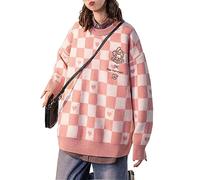 WANHONGYUE Kawaii Cartoon Jumpers for Men Women Long Sleeve Crewneck Knitted Jumper Anime Oversized Knit Sweater Pullover Tops Pink XL