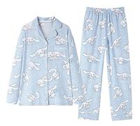 WANHONGYUE Kawaii Cartoon Pajamas for Women Girls Long Sleeve Shirt with Pj Pants Sleepwear Home Wear 2 Piece Pajama Sets Blue-1 XL
