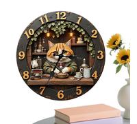 Wanixue Vintage Bookshelf Wall Clock, Cat Non-Ticking Clock, 11.8 Inch Round Decorative Printed Wall Clocks, Wooden Clocks For Home Office Living Room Bedroom Walls Decoration