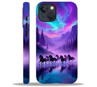 WANKBLC Compatible with iPhone 13 14 Matte Case for Girl Boy Full Body Design Soft Silicone Drop Shock Scratch Protection Crazy Pattern Wild Horse River Forest Mountains Purple Sky