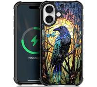 WANKBLC Compatible with iPhone 17 Magnetic Charge Case Shockproof Protective for Man Women Non-Slip for iPhone 17 Crazy Pattern Stained Glass Window Artwork Blue Crow