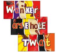 Wanker + Arsehole + Twat. Mixed Triple Pack - 3x Funny Chocolate Bar Wrappers. Choc Bar Covers Rude Joke Prank Insult Gift Fun Friend Present. Pack of 3. (Chocolate Not Included)