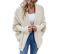 WANLAI Women's Kimono Open Front Cardigan Sweater Batwing Sleeve Solid Color Knitted Oversized Cloak Outwear Coat Apricot
