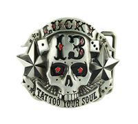 WANLIAN Belt Buckle, Western Cowboy Skull Head, Lucky 13 Metal, Silver, 3.1in x 2.5in, 2.33oz