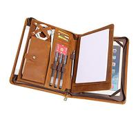 WANLIAN Handmade Vintage Genuine Crazy Horse Leather Portfolio Folder Zipped for iPad Pro 9.7"/10.5"/11",A4 Size Padfolio Case,Business Organizer,A4 Document Folder,Brown